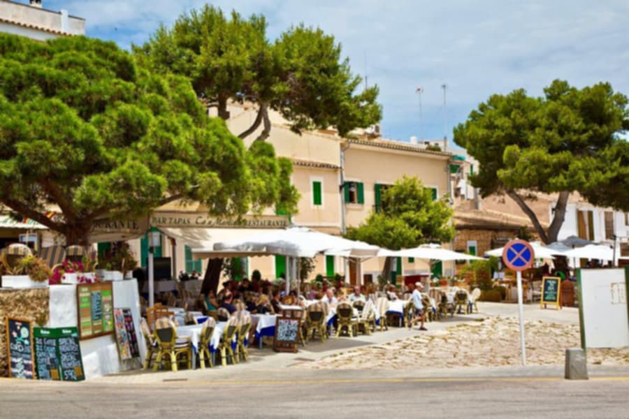Terraza del restaurante bajo los pinos del paseo del puerto de Portopetro